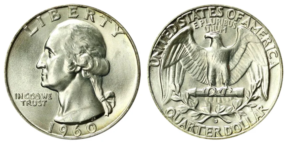 Side-by-side comparison of a circulated 1960-D quarter versus a high-grade Mint State example showing luster and strike differences