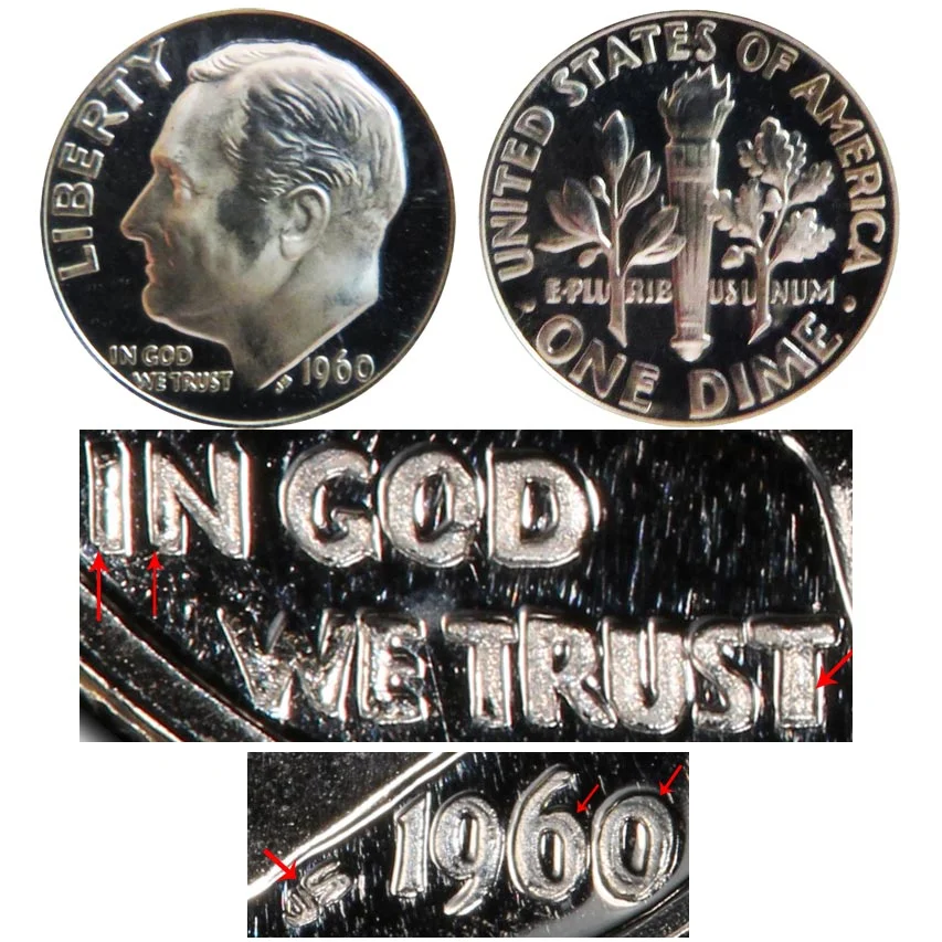 1960 Proof Doubled Die Obverse showing doubling on IN GOD WE TRUST motto and LIBERTY inscription