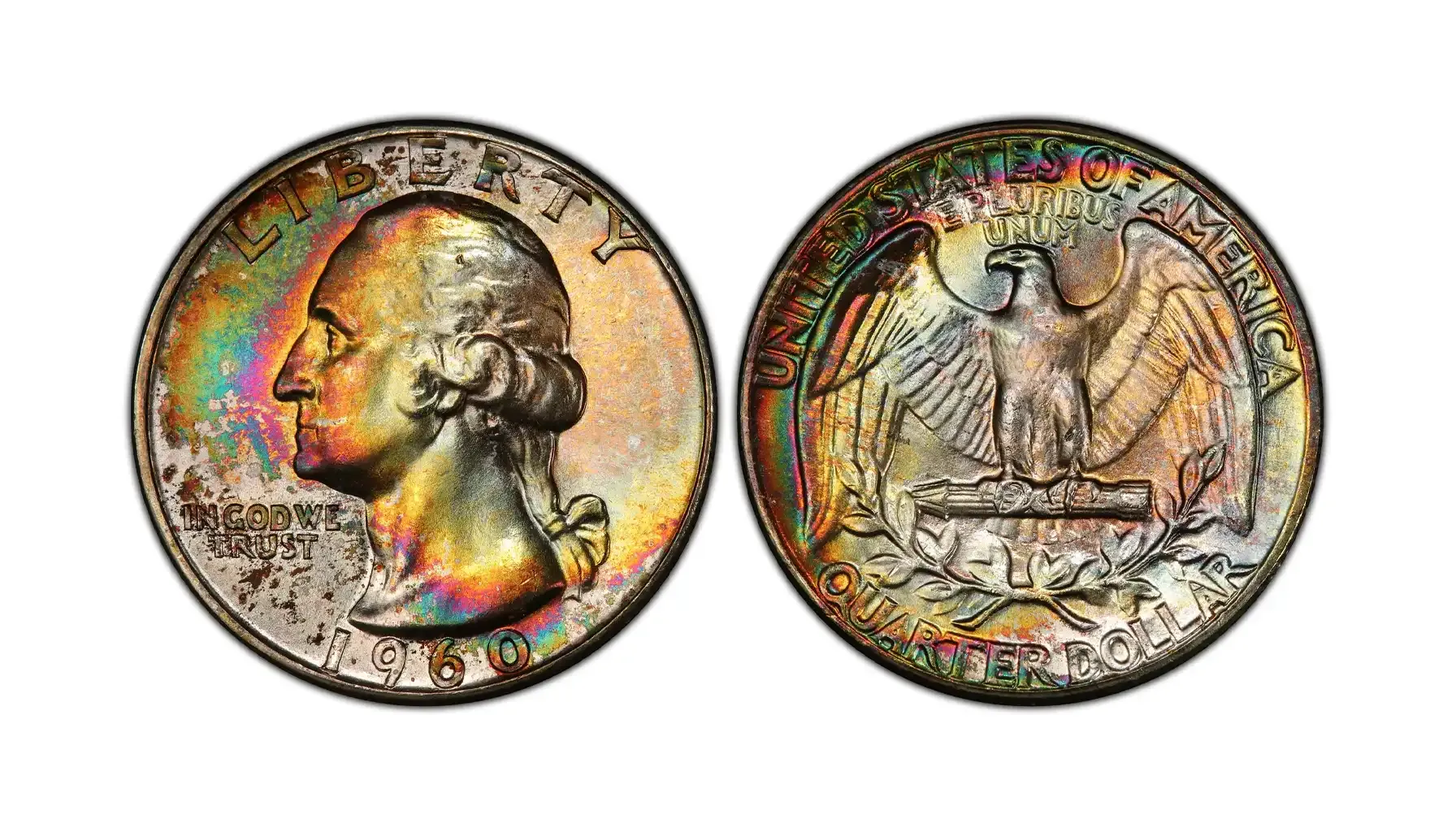 Group of 1960 Washington quarters arranged to show Philadelphia, Denver, and Proof varieties with different grades