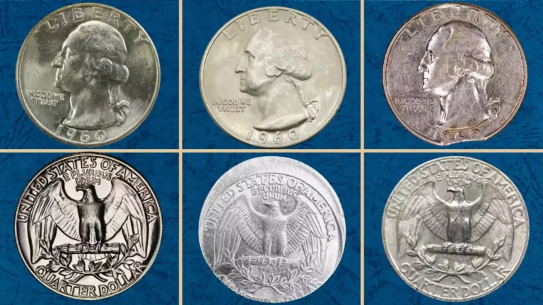1960 Washington Quarter grading strip showing four condition tiers from worn to gem uncirculated in one horizontal row